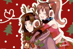 1boy 1girl 2023 :d ashton_anchors brown_hair christmas closed_mouth earmuffs fake_antlers gloves hat highres long_hair looking_at_viewer merry_christmas mini_hat open_mouth ponytail precis_neumann rorongaxx smile star_ocean star_ocean_anamnesis star_ocean_the_second_story twitter_username