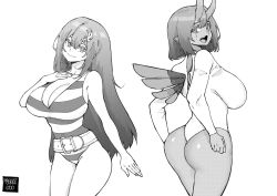 Rule 34 | 2girls, artist name, ass, bare arms, bare shoulders, belt, breasts, cleavage, commission, cowboy shot, demon girl, echo: my daily life!, echo (echo: my daily life!), greyscale, head tilt, highres, horns, large breasts, legs together, leotard, long hair, looking at viewer, looking back, miyuki tsukiyono, monochrome, multiple girls, norman maggot, oni horns, pointy ears, short hair, simple background, sleeveless leotard, standing, striped clothes, striped leotard, very long hair, white background, wings