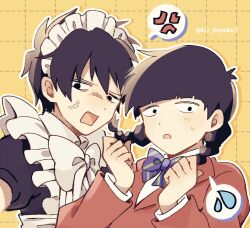 Rule 34 | 2boys, anger vein, black eyes, black hair, bow, bowtie, braid, brothers, commentary request, crossdressing, dotted line, grid background, jacket, kageyama ritsu, kageyama shigeo, kii hiyoko7, long hair, long sleeves, looking at viewer, maid, maid headdress, male focus, male maid, mob psycho 100, multiple boys, open mouth, outline, purple bow, purple bowtie, red jacket, school uniform, short hair, siblings, simple background, spoken anger vein, twin braids, twitter username, upper body, white outline, yellow background