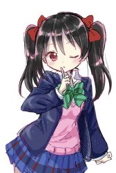Rule 34 | 1girl, black hair, blazer, blue jacket, blue skirt, blush, bow, collared shirt, diagonal stripes, green bow, hair between eyes, hair bow, hand up, highres, index finger raised, jacket, long hair, long sleeves, looking at viewer, love live!, love live! school idol project, one eye closed, open clothes, open jacket, parted lips, pleated skirt, red bow, red eyes, school uniform, shika (s1ka), shirt, simple background, sketch, skirt, solo, striped, striped bow, sweater vest, twintails, white background, white shirt, yazawa nico