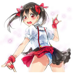 Rule 34 | 10s, 1girl, animal print, ass, bear panties, bear print, black hair, blush, bokura wa ima no naka de, clothes lift, clothing cutout, double m/, earrings, fingerless gloves, from behind, gesture, gloves, heart, heart cutout, jewelry, looking back, love live!, love live! school idol project, m/, nico nico nii, open mouth, outstretched arms, panties, pantyshot, print panties, red eyes, sketch, skirt, skirt lift, solo, twintails, underwear, upskirt, wavy mouth, white background, white panties, yamori (stom), yazawa nico