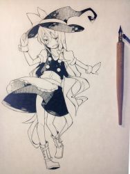 Rule 34 | 1girl, :d, adjusting clothes, adjusting headwear, akimaki yuu, apron, art tools in frame, boots, bow, dress, full body, grin, hair bow, hat, head tilt, ink (medium), kirisame marisa, long hair, looking at viewer, monochrome, nib pen (object), open mouth, outstretched arm, paper background, pen, photo (medium), puffy short sleeves, puffy sleeves, shirt, short sleeves, smile, solo, teeth, touhou, traditional media, very long hair, vest, waist apron, walking, witch hat, wrist cuffs