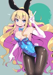 Rule 34 | 1girl, alternate costume, animal ears, armpits, ass, azur lane, bare shoulders, blonde hair, blue eyes, blunt bangs, bow, breasts, cleavage, commentary request, detached collar, edoara, elbow gloves, fake animal ears, fake tail, fishnet pantyhose, fishnets, gloves, hairband, highleg, highleg leotard, highres, leaning forward, leotard, long hair, looking at viewer, pantyhose, playboy bunny, queen elizabeth (azur lane), rabbit ears, rabbit tail, sidelocks, simple background, smile, solo, strapless, strapless leotard, tail, v, white gloves