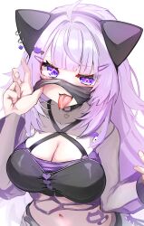 1girl ahoge animal_ears black_mask breasts cat_ears cat_girl cleavage commentary_request hair_ornament hairclip highres hololive kajimakoto large_breasts long_hair looking_at_viewer mask mouth_mask navel nekomata_okayu purple_hair simple_background solo virtual_youtuber white_background