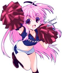 Rule 34 | 10s, 1girl, angel beats!, blurry, breasts, cheerleader, cleavage, crop top, depth of field, fang, houston texans, long hair, midriff, national football league, navel, pink eyes, pink hair, pom pom (cheerleading), satomi yoshitaka, shiny skin, short shorts, shorts, smile, solo, twintails, two side up, yui (angel beats!)