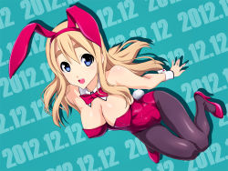 Rule 34 | 10s, 1girl, 2012, :d, animal ears, bare shoulders, black pantyhose, blonde hair, blue eyes, blush, breasts, dated, fake animal ears, high heels, k-on!, kotobuki tsumugi, large breasts, leotard, long hair, looking at viewer, norizou type-r, open mouth, pantyhose, playboy bunny, rabbit ears, rabbit tail, red leotard, shoes, smile, solo, tail, wrist cuffs