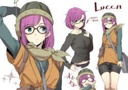 Rule 34 | 1girl, bag, belt, bike shorts, blue eyes, breasts, chrono trigger, closed mouth, glasses, helmet, looking at viewer, lucca ashtear, open mouth, purple hair, scarf, short hair, simple background, smile, solo, tetsuya tashiro, white background
