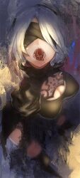 Rule 34 | 1girl, 2b (nier:automata), black blindfold, black dress, blindfold, breasts, cleavage, cleavage cutout, clothing cutout, dress, facing viewer, from above, grey hair, highres, large breasts, mole, mole under mouth, nier:automata, nier (series), open mouth, saliva, short hair, solo, teeth, tongue, tongue out, warabite