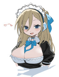 Rule 34 | 1girl, aqua ribbon, asuna (blue archive), between breasts, black dress, blue archive, blue eyes, blush, bow, bowtie, breasts, cleavage, cropped torso, dress, hair between eyes, hair ribbon, heart, kokaki mumose, large breasts, light brown hair, long hair, looking at viewer, maid, maid headdress, mole, mole on breast, ribbon, short sleeves, simple background, solo, upper body, white background