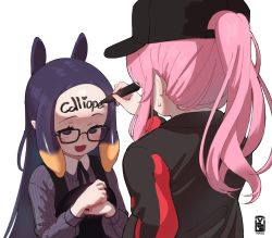 Rule 34 | 2girls, black-framed eyewear, black dress, black headwear, black jacket, body writing, commentary, dress, english commentary, glasses, hat, holding, hololive, hololive english, jacket, long hair, mori calliope, mori calliope (streetwear), multiple girls, ninomae ina&#039;nis, ninomae ina&#039;nis (casual), official alternate costume, open mouth, pink hair, pointy ears, ponytail, purple eyes, purple hair, shaded face, simple background, smile, striped clothes, striped dress, sweatdrop, upper body, vertical-striped clothes, vertical-striped dress, virtual youtuber, voc, white background