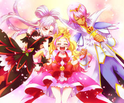 Rule 34 | 1boy, 2girls, akagi towa, albino, blonde hair, bow, brooch, cure flora, earrings, closed eyes, flower, flower necklace, gloves, go! princess precure, happy, haruno haruka, highres, holding hands, ivory (25680nico), jewelry, long hair, magical girl, multicolored hair, multiple girls, necklace, pants, pantyhose, pink hair, pink skirt, pointy ears, precure, prince kanata, quad tails, red bow, red eyes, scepter, skirt, streaked hair, thigh gap, twilight (go! princess precure), two-tone hair, waist bow, white gloves, white hair, wrist cuffs