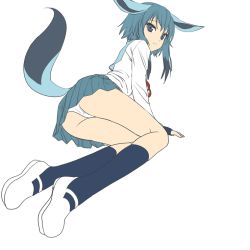 Rule 34 | 1girl, animal ears, ass, bad id, bad pixiv id, creatures (company), game freak, gen 4 pokemon, glaceon, looking at viewer, mx2j, nintendo, panties, pantyshot, personification, pokemon, short hair, simple background, skirt, solo, tail, underwear, upskirt, white background, white panties