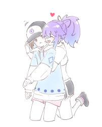 Rule 34 | 2girls, ^ ^, baseball cap, black shorts, blue hoodie, blush, brown eyes, closed eyes, commentary, english commentary, hair behind ear, hat, heart, hood, hoodie, hug, hug from behind, indie virtual youtuber, melody (projektmelody), multiple girls, open mouth, original, pink shorts, ponytail, purple hair, short shorts, shorts, tama gotoh, virtual youtuber, vshojo, yoruny