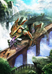Rule 34 | 1boy, 2girls, bad id, bad pixiv id, bridge, chameleon, chimera, commentary request, day, dragon, fantasy, fleeing, from above, giant, holding, horns, invisible, looking at another, monster, multiple girls, original, outdoors, puuzaki puuna, river, running, scenery, size difference, snake, tongue, tongue out, water, waterfall, wings