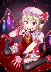 Rule 34 | 1girl, ascot, belt, black belt, black thighhighs, blonde hair, blood, blush, collared shirt, commentary, crystal, flandre scarlet, frilled shirt collar, frilled skirt, frills, full body, hat, hat ribbon, highres, jouzou, looking at viewer, mary janes, medium hair, mob cap, one side up, open mouth, pool of blood, puffy short sleeves, puffy sleeves, red eyes, red ribbon, red vest, ribbon, ribbon-trimmed collar, ribbon-trimmed thighhighs, ribbon trim, sharp teeth, shirt, shoes, short sleeves, sitting, skirt, slit pupils, smile, solo, teeth, thighhighs, touhou, vest, wariza, white hat, white shirt, white skirt, wings, wrist belt, yellow ascot