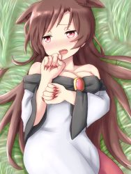Rule 34 | 1girl, animal ears, bare shoulders, blouse, blush, breasts, brooch, brown hair, cleavage, dadamori, dress, embarrassed, fang, fingernails, grass, imaizumi kagerou, jewelry, long fingernails, long hair, long sleeves, looking away, lying, medium breasts, nail polish, nose blush, off-shoulder shirt, off shoulder, on back, open mouth, red eyes, red nails, red skirt, shirt, skirt, solo, touhou, very long hair, white shirt, wide sleeves, wolf ears