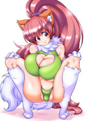 Rule 34 | 1girl, animal ears, breasts, cameltoe, cat ears, cat girl, cat tail, cleavage, cleavage cutout, clothing cutout, female focus, folded, full body, fur trim, heart, heart cutout, highres, large breasts, long hair, navel cutout, perisie (star ocean), ponytail, red eyes, red hair, ryoi, shiny skin, smile, solo, squatting, star ocean, star ocean first departure, tail, white background