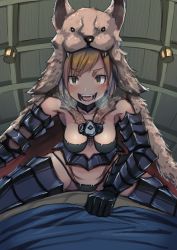Rule 34 | 10s, 1girl, alternate costume, animal ears, armor, bad id, bad pixiv id, bare shoulders, berserker (granblue fantasy), black panties, blonde hair, blush, boots, breasts, breath, ceiling, collar, collarbone, djeeta (granblue fantasy), eyebrows, fangs, gauntlets, girl on top, granblue fantasy, hair ornament, heart, heart-shaped pupils, heavy breathing, highres, indoors, lantern, medium breasts, nabeo, open mouth, panties, pelt, pov, saliva, short hair, sitting, sitting on person, solo, spread legs, symbol-shaped pupils, thigh boots, thighhighs, tongue, underwear