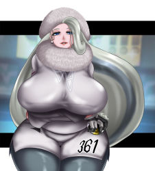 Rule 34 | 1girl, black pantyhose, blue eyes, border, breasts, cowboy shot, creatures (company), crossed arms, earrings, fenrox, game freak, gloves, hat, highres, huge breasts, jewelry, lips, long hair, long sleeves, looking at viewer, mature female, melony (pokemon), nintendo, pantyhose, parted lips, plump, poke ball, pokemon, pokemon swsh, shorts, silver hair, solo, thick thighs, thighs, turtleneck, white border, wide hips