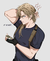 Rule 34 | 1boy, absurdres, black gloves, black shirt, blonde hair, blue eyes, closed mouth, commentary, english commentary, english text, fingerless gloves, from side, gloves, grey background, highres, holding hair tie, jujeop, leon s. kennedy, male focus, medium hair, muscular, muscular male, resident evil, resident evil 4, shirt, short sleeves, simple background, solo, sweat, upper body