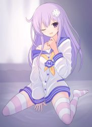 Rule 34 | 1girl, bare shoulders, blush, breasts, clusta, collar, female focus, full body, indoors, leggings, long hair, looking at viewer, nepgear, neptune (series), one eye closed, open mouth, purple eyes, purple hair, ribbon, shirt, small breasts, solo, sta, stocking, striped, striped leggings, thighs, waiting