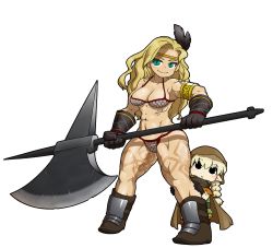 Rule 34 | 2girls, amazon (dragon&#039;s crown), armlet, armor, axe, bikini, bikini armor, blonde hair, boots, braid, breasts, chibi, circlet, cloak, dragon&#039;s crown, elf, elf (dragon&#039;s crown), feathers, gloves, green eyes, halberd, highres, hood, large breasts, long hair, multiple girls, muscular, open mouth, pointy ears, polearm, size difference, smile, swimsuit, tattoo, thick thighs, thighs, twin braids, ume (noraneko), weapon, aged down