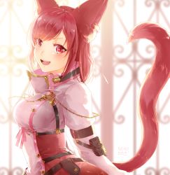 Rule 34 | 1girl, :d, animal ears, arms behind back, artist name, blush, cat ears, cat tail, final fantasy, final fantasy xiv, highres, lili mdoki, looking at viewer, miqo&#039;te, open mouth, red eyes, red hair, short hair, slit pupils, smile, solo, tail, upper body