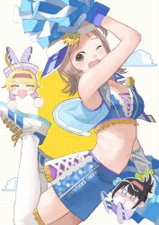Rule 34 | 1 kozin, 3girls, ^ ^, absurdres, arm up, black hair, blonde hair, blue skirt, blush, brown eyes, character name, cheerleader, chibi, chibi inset, closed eyes, cloud, commentary, commentary request, crop top, cropped jacket, cross-laced clothes, cross-laced skirt, cross-laced top, english commentary, flipped hair, flower, flying sweatdrops, folded ponytail, full body, grid background, hachimiya meguru, hairband, hands up, hat, hat flower, highres, holding, holding pom poms, idolmaster, idolmaster shiny colors, jacket, jumping, kazano hiori, light brown hair, looking at viewer, looking to the side, low ponytail, medium hair, midair, miniskirt, mixed-language commentary, multiple girls, navel, nose blush, official alternate costume, one eye closed, open clothes, open jacket, open mouth, pom pom (cheerleading), pom poms, purple eyes, purple jacket, raised eyebrows, red hairband, sakuragi mano, shoes, sideways hat, skirt, sleeveless, smile, sneakers, solo focus, stomach, thighhighs, track jacket, visor cap, white background, white thighhighs, yellow flower