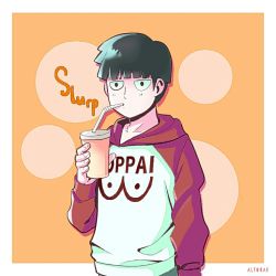 Rule 34 | 1boy, altorav, arm at side, artist name, black eyes, black hair, bowl cut, cosplay, creator connection, cup, disposable cup, drinking straw, hood, hoodie, kageyama shigeo, male focus, mob psycho 100, one-punch man, oppai hoodie, orange background, saitama (one-punch man), saitama (one-punch man) (cosplay), short hair, simple background, solo, upper body