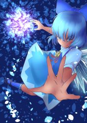 Rule 34 | 1girl, absurdres, arm up, artist name, blue background, blue bow, blue dress, blue eyes, blue footwear, blue hair, blue shirt, blue socks, blue theme, bow, cirno, ciro, closed mouth, collared shirt, dark-skinned female, dark skin, dress, female focus, flat chest, flower, hair bow, half-closed eyes, happy, highres, ice, ice wings, katsura dendou, kneehighs, looking at viewer, matching hair/eyes, neck ribbon, outstretched arm, puffy short sleeves, puffy sleeves, reaching, reaching towards viewer, red ribbon, ribbon, shirt, shoes, short hair, short sleeves, signature, sleeveless, sleeveless dress, smile, socks, solo, sunflower, tanned cirno, touhou, twitter username, v-shaped eyebrows, wings