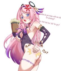 1girl :o absurdres anger_vein ass beer_mug black_leotard blue_eyes blush breasts citlali_(genshin_impact) commentary cowboy_shot cup detached_sleeves english_commentary english_text facial_mark forehead_mark genshin_impact hair_ornament highres leotard long_hair long_sleeves medium_breasts mug pink_hair sideboob simple_background solo spanked spanking spanking_self triangle triangle_facial_mark white_background zancrowkami