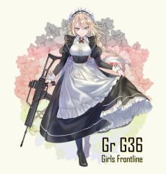 Rule 34 | 1girl, absurdres, apron, assault rifle, black footwear, blonde hair, blue eyes, blush, boots, braid, braided bangs, braided ponytail, breasts, character name, closed mouth, corset, curtsey, dress, finger on trigger, frills, full body, g36 (girls&#039; frontline), girls&#039; frontline, gradient hair, gun, h&amp;k g36, hair between eyes, heckler &amp; koch, high heel boots, high heels, highres, holding, holding gun, holding weapon, long hair, looking at viewer, maid, maid apron, maid headdress, medium breasts, multicolored hair, pottsness, rifle, sidelocks, single braid, skirt hold, smile, solo, trigger discipline, very long hair, weapon, white hair