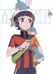 Rule 34 | 1boy, beanie, brendan (pokemon), brown hair, character name, commentary, creatures (company), game freak, gen 3 pokemon, green bag, grey eyes, hat, highres, holding, holding pokemon, looking to the side, male focus, moji (ld ipx), mudkip, nintendo, on head, on shoulder, pokemon, pokemon (creature), pokemon on head, pokemon on shoulder, pokemon oras, short hair, short sleeves, symbol-only commentary, white background, white headwear, zipper pull tab
