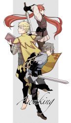 Rule 34 | 1girl, 2boys, barefoot, belt, blonde hair, book, boots, breasts, cape, fire emblem, fire emblem fates, gloves, green eyes, grey hair, highres, inigo (fire emblem), laslow (fire emblem), long hair, multiple boys, nintendo, odin (fire emblem), owain (fire emblem), pants, pink eyes, purple eyes, red hair, selena (fire emblem fates), severa (fire emblem), short hair, smile, sword, twintails, weapon