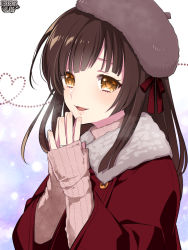 Rule 34 | 1girl, :d, brown eyes, brown hair, coat, copyright name, hat, heart, jewelry, kerberos blade, l (matador), long hair, long sleeves, looking at viewer, open mouth, outdoors, own hands together, red coat, red ribbon, ribbon, ring, simple background, smile, snowing, solo, standing, upper body, wide sleeves