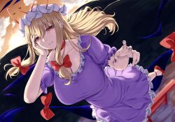 Rule 34 | 1girl, blonde hair, bow, breasts, cleavage, dress, gap (touhou), hair bow, highres, large breasts, long hair, looking at viewer, mirufui, multiple hair bows, night, purple dress, purple nails, red bow, red eyes, short sleeves, solo, torii, touhou, white headwear, yakumo yukari