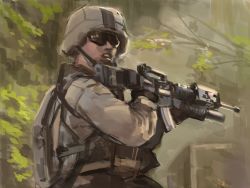 Rule 34 | 1boy, assault rifle, bulletproof vest, camouflage, gun, helmet, holding, holding gun, holding weapon, looking to the side, m16, m16a4, m4 carbine, making-of available, male focus, military, open mouth, original, rifle, sketch, solo, sunglasses, tree, weapon, xerbatt