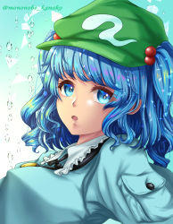 Rule 34 | 1girl, :o, aqua shirt, artist name, blue eyes, blue hair, breasts, bright pupils, commentary request, frills, gradient background, green hat, hair bobbles, hair ornament, hat, highres, kawashiro nitori, key, looking at viewer, medium breasts, medium hair, mononobe kanako, open mouth, pocket, shirt, simple background, solo, touhou, two side up, water, water drop, white background, white pupils