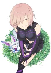 Rule 34 | 1girl, ^ ^, elbow gloves, closed eyes, fate/grand order, fate (series), fou (fate), gloves, hair over one eye, hayashi kewi, mash kyrielight, purple hair, sitting, smile