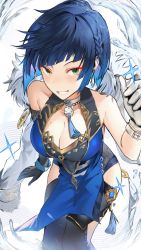 Rule 34 | 1girl, absurdres, bare shoulders, blue dress, blue hair, bob cut, breasts, cleavage, dice, dress, earrings, fur trim, genshin impact, green eyes, highres, jacket, jewelry, large breasts, looking at viewer, mole, mole on breast, odyssey 21, short hair, solo, white jacket, yelan (genshin impact)