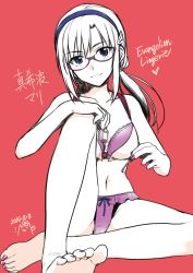Rule 34 | :3, alpha (yukai na nakamatachi), barefoot, bra, character name, commentary request, copyright name, dated, evangelion: 2.0 you can (not) advance, feet, glasses, hairband, highres, jpeg artifacts, lingerie, low twintails, makinami mari illustrious, nail polish, navel, neon genesis evangelion, panties, purple bra, purple nails, purple panties, rebuild of evangelion, red background, simple background, soles, solo, toenail polish, toenails, toes, twintails, underwear, underwear only