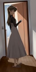 Rule 34 | 1girl, bad id, bad twitter id, brown eyes, brown hair, closed mouth, dress, full body, grey dress, hair between eyes, highres, indoors, long dress, long hair, long sleeves, looking at viewer, looking back, pinafore dress, rourou ill, sleeveless, sleeveless dress, sleeves past wrists, slippers, smile, solo, standing, straight hair, sweater, tenjouin asuka, turtleneck, turtleneck sweater, wooden floor, yu-gi-oh!, yu-gi-oh! gx