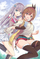 Rule 34 | 2girls, :d, aramachi, atelier (series), atelier lulua, atelier ryza, atelier ryza 1, belt, blue eyes, blunt bangs, boots, bow, bowtie, breasts, brown eyes, brown hair, cleavage, cleavage cutout, clothing cutout, corset, cross-laced footwear, crossover, detached sleeves, elmerulia fryxell, flask, frills, gloves, grey hair, hair ornament, hairband, hairclip, hat, heart, highres, jewelry, knee boots, long hair, looking at viewer, multiple girls, navel, necklace, open mouth, pink bow, red shorts, reisalin stout, round-bottom flask, short hair, short shorts, shorts, single glove, skindentation, skirt, smile, thick thighs, thigh boots, thighhighs, thighs, white headwear, white legwear