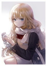 Rule 34 | 1girl, absurdres, bag, black jacket, blonde hair, blue eyes, blush, border, bottle, bow, bowtie, brown sweater, buttons, closed mouth, eyelashes, fingernails, frown, glass bottle, gradient background, grey background, highres, holding, holding bottle, jacket, long hair, long sleeves, looking at viewer, myoushun, original, pleated skirt, red bow, red bowtie, scarf, school uniform, shirt, skirt, solo, sweater, wavy hair, white background, white border, white scarf, white skirt, yellow shirt