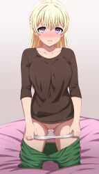 Rule 34 | 1girl, absurdres, bang dream!, barefoot, blonde hair, blue pants, breasts, brown shirt, collarbone, commentary request, hair between eyes, half updo, highres, kneeling, large breasts, long hair, looking at viewer, noshimurin, paid reward available, panties, pants, panty pull, parted lips, purple eyes, shirasagi chisato, shirt, sleeves past elbows, solo, sweatdrop, underwear, undressing, viewfinder, white panties