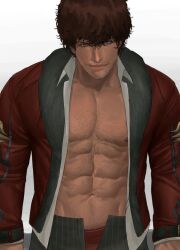 Rule 34 | 1boy, abs, bara, bare pectorals, beard stubble, black hair, black pants, chest hair, closed mouth, collared shirt, facial hair, fur-trimmed jacket, fur trim, highres, jacket, kamii (gloominny), large pectorals, looking at viewer, male focus, male underwear, mature male, miguel caballero rojo, muscular, muscular male, mustache stubble, navel, nipples, open clothes, open jacket, open pants, open shirt, pants, pectorals, red male underwear, shirt, short hair, smile, solo, sparse chest hair, sparse navel hair, stubble, tekken, tekken 7, underwear, white shirt