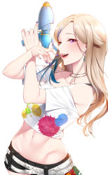 Rule 34 | 1girl, :d, akchu, bare shoulders, belt, blonde hair, blue hair, blush, breasts, cleavage, collarbone, crop top, earrings, fang, groin, highres, himehina channel, holding, holding water gun, jewelry, long hair, looking at viewer, medium breasts, midriff, miniskirt, multicolored hair, multiple belts, nail polish, navel, necklace, off-shoulder shirt, off shoulder, open mouth, paint splatter, parted bangs, purple eyes, purple nails, shirt, sidelocks, skirt, smile, solo, stomach, streaked hair, suzuki hina, virtual youtuber, water gun