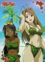 Rule 34 | 2girls, :o, antenna hair, arm up, arms behind back, beach, bikini, black hair, bow, breasts, brown hair, cleavage, cloud, copyright name, cowboy shot, cross, cross necklace, dark-skinned female, dark skin, female focus, flower, groin, hair bow, happy, height difference, highres, jewelry, large breasts, leaf bikini, long hair, looking at viewer, love hina, medium breasts, multiple girls, narusegawa naru, navel, necklace, nyamo namo, ocean, official art, open mouth, outdoors, palm tree, ponytail, red bow, sand, sky, small breasts, smile, standing, swimsuit, tama (love hina), tree, turtle, very long hair, water