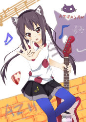 Rule 34 | 1girl, animal ears, bad id, bad pixiv id, black hair, brown eyes, casual, cat, cat ears, guitar, instrument, k-on!, listen!!, mouth hold, nakano azusa, niangao, pantyhose, solo, twintails