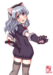 Rule 34 | 1girl, alternate costume, animal costume, animal ears, animal hands, artist logo, back, bell, black dress, black thighhighs, blush, bow, bowtie, cat costume, cat ears, cat tail, cowboy shot, dated, dress, gloves, grey eyes, hair between eyes, hairband, highres, jingle bell, kanon (kurogane knights), kantai collection, long hair, looking at viewer, open mouth, paw gloves, signature, silver hair, simple background, smile, solo, tail, thighhighs, wavy hair, white background, yamagumo (kancolle)